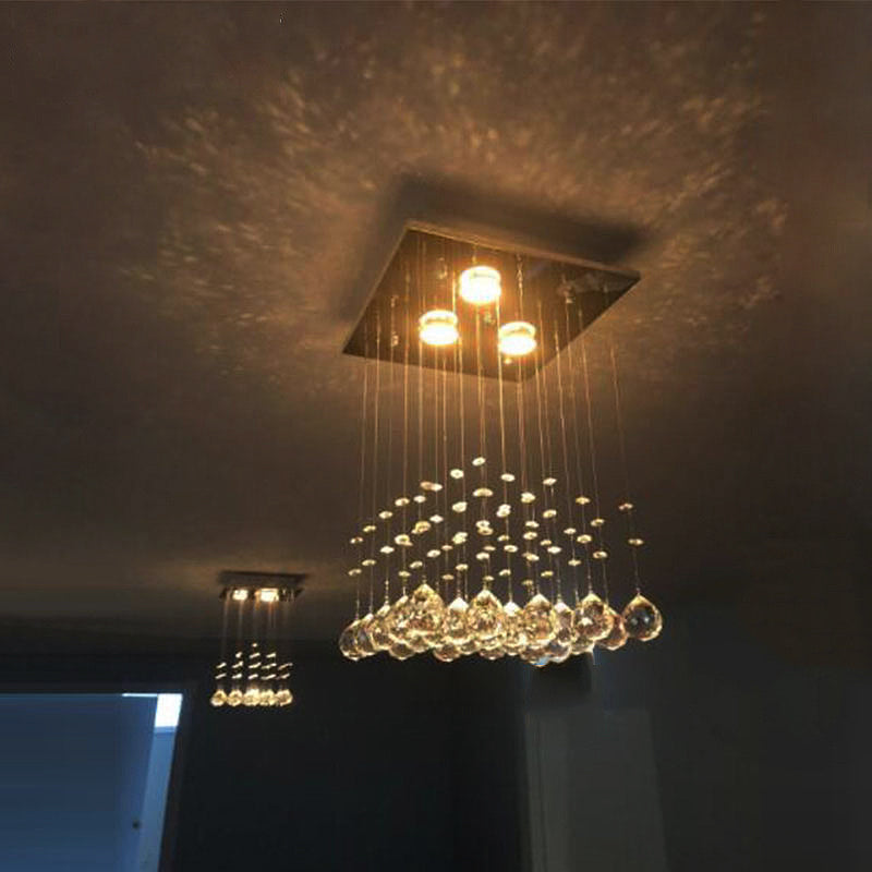 Minimalist Vierkant Flush Light Fixture Crystal Ball 3 Lampen Woonkamer Plafond Flush Mount in Nickel