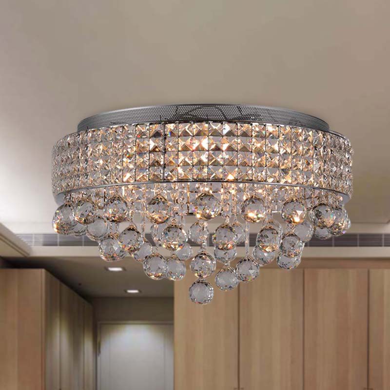 Modern Cascading Flushmount Crystal Ball 9 Lights Living Room Ceiling Light Fixture in Nickel