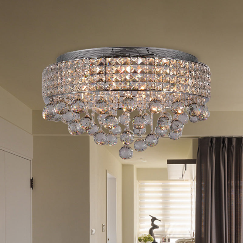 Modern Cascading Flushmount Crystal Ball 9 Lights Living Room Ceiling Light Fixture in Nickel