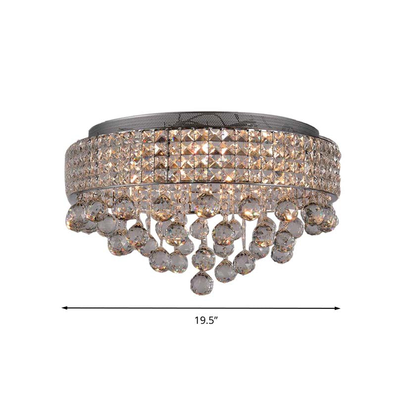 Modern Cascading Flushmount Crystal Ball 9 Lights Living Room Ceiling Light Fixture in Nickel