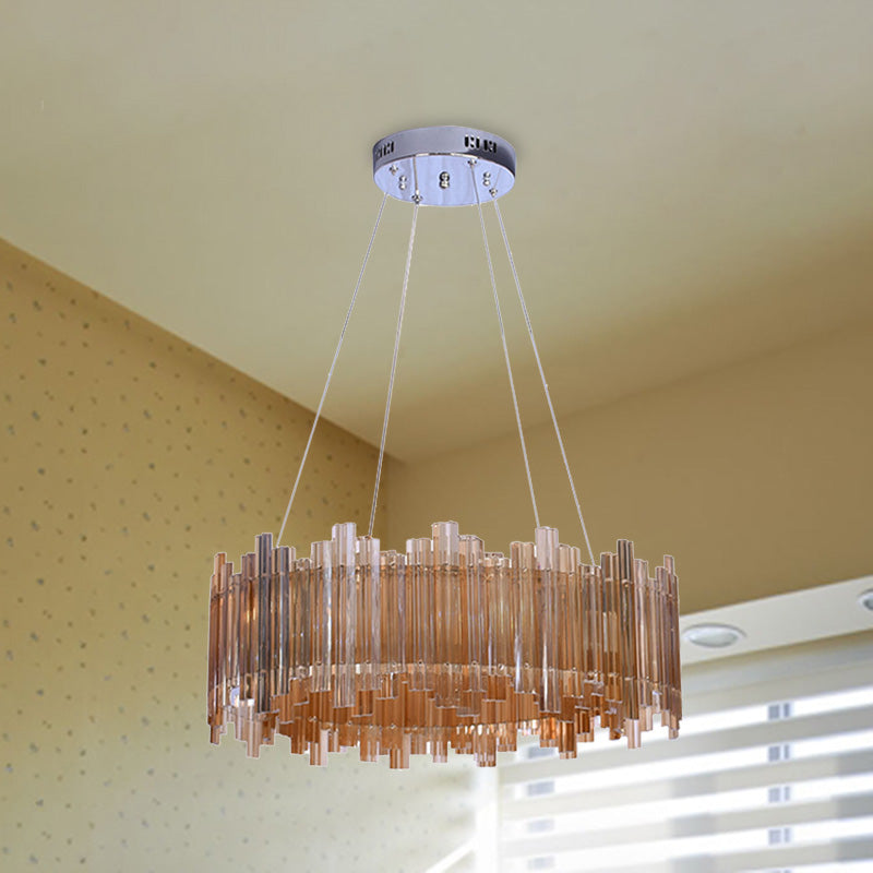 Minimalist Drum Crystal Chandelier LED Pendant Light Kit in Amber for Living Room