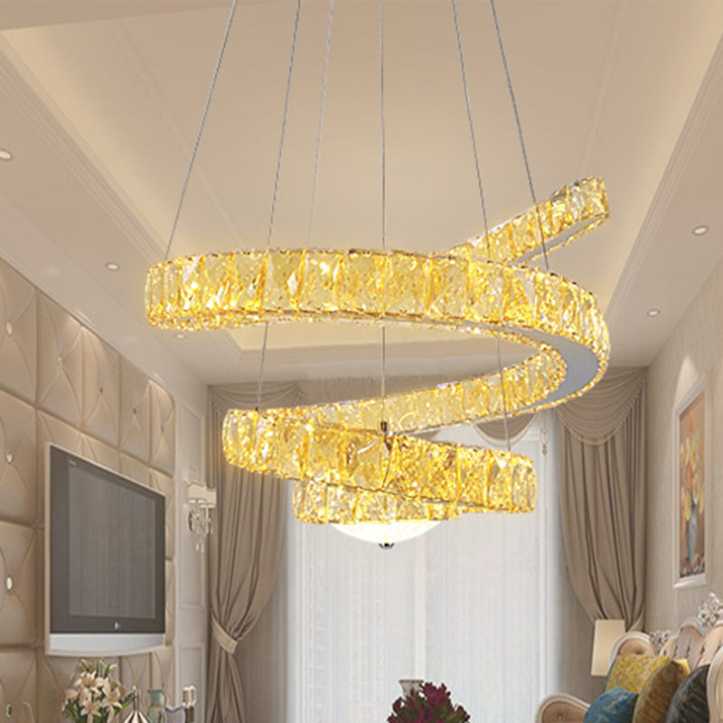 Chrome Spiral Chandelier Lighting Fixture Minimalist LED Crystal Hanging Lamp in Warm/2 Color Light