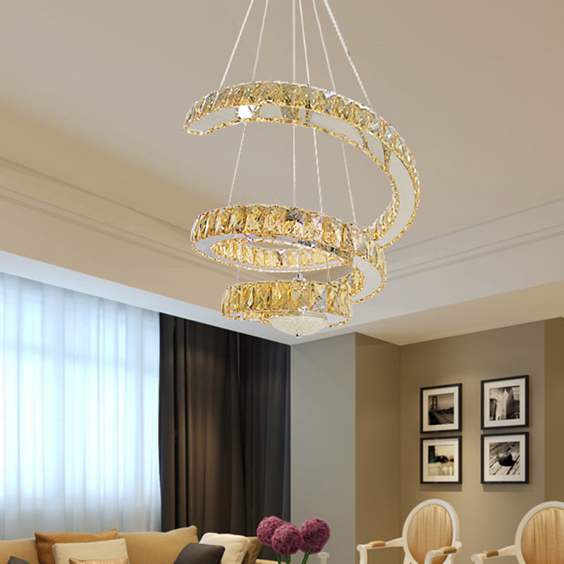 Chrome Spiral Chandelier Lighting Fixture Minimalist LED Crystal Hanging Lamp in Warm/2 Color Light