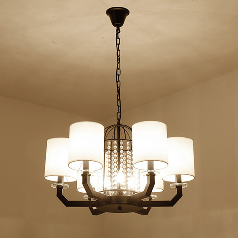 Minimalist Drum Crystal Chandelier Lighting 9/12 Lights Hanging Pendant with White Fabric Shade