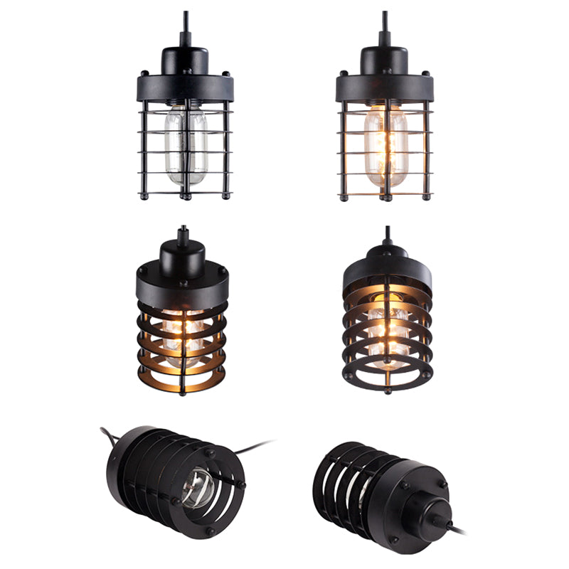 Black Flat Iron Cage Single Bulb Hanging Light Vintage Industrial Style Pendant Lamp