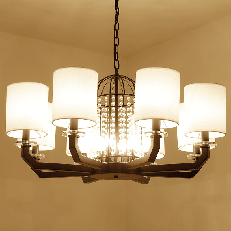 Minimalist Drum Crystal Chandelier Lighting 9/12 Lights Hanging Pendant with White Fabric Shade