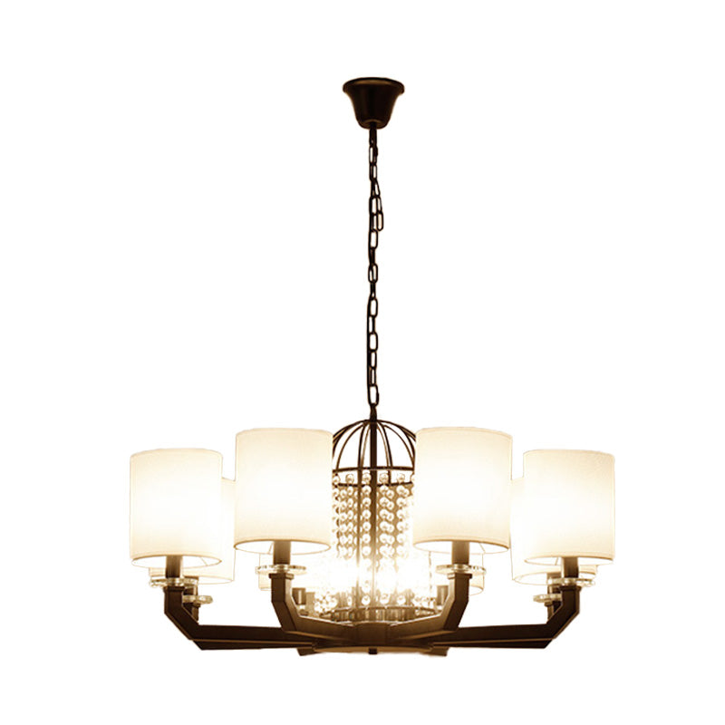 Minimalist Drum Crystal Chandelier Lighting 9/12 Lights Hanging Pendant with White Fabric Shade