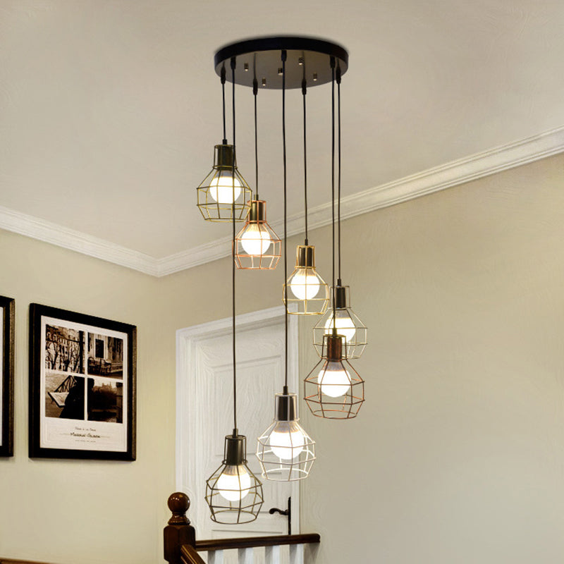 Black Multi Pendant Light Fixture Vintage Metal Wire Cage Multi Light Pendant Lighting