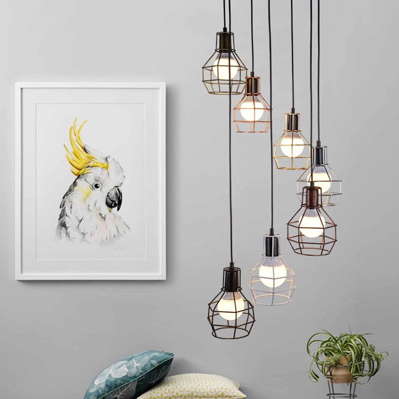 Black Multi Pendant Light Fixture Vintage Metal Wire Cage Multi Light Pendant Lighting