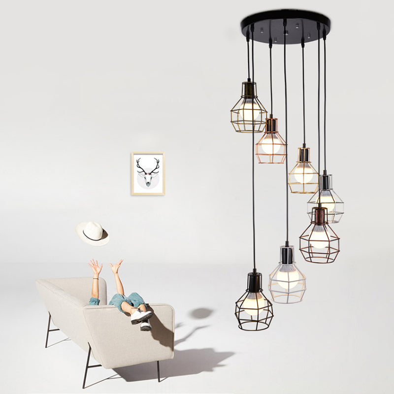 Black Multi Pendant Light Fixture Vintage Metal Wire Cage Multi Light Pendant Lighting