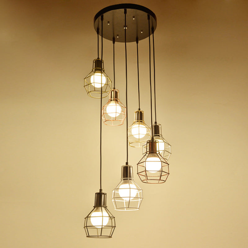 Black Multi Pendant Light Fixture Vintage Metal Wire Cage Multi Light Pendant Lighting