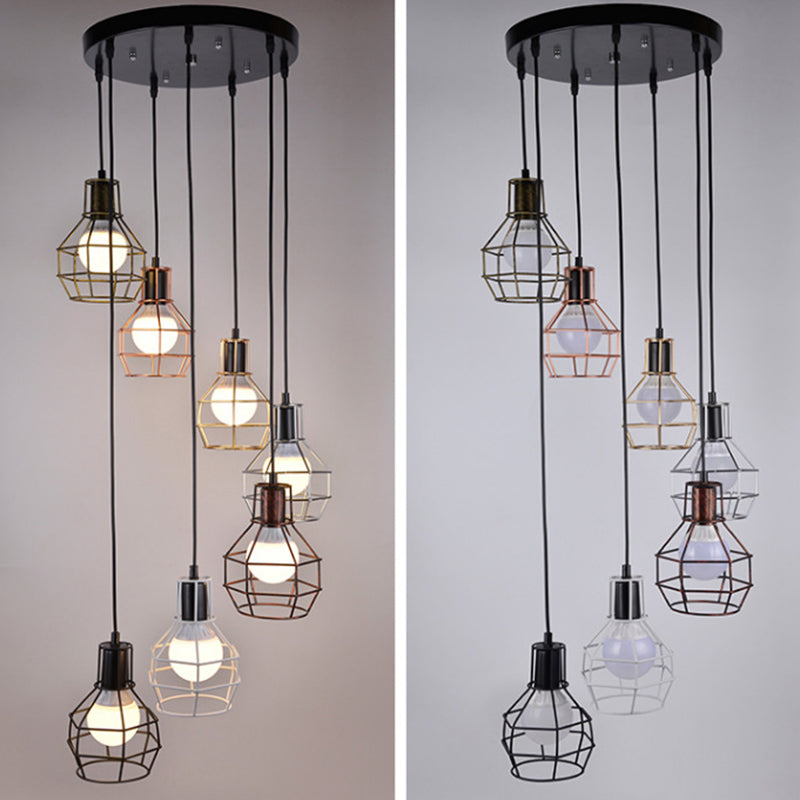 Black Multi Pendant Light Fixture Vintage Metal Wire Cage Multi Light Pendant Lighting