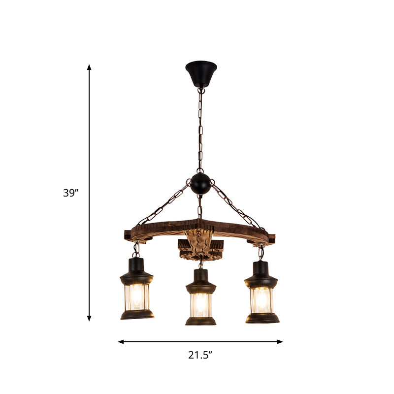 Luz de la lámpara de araña de anclaje marrón estilo loft de 3 luces de madera y lámpara de techo de metal con sombra de linterna