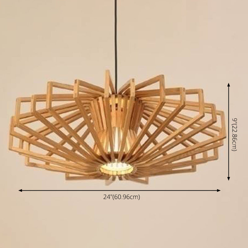 Beige Wood Shade Pendant Lighting New Chinese 1 Light Pumpkin Restaurant Hanging Lamp