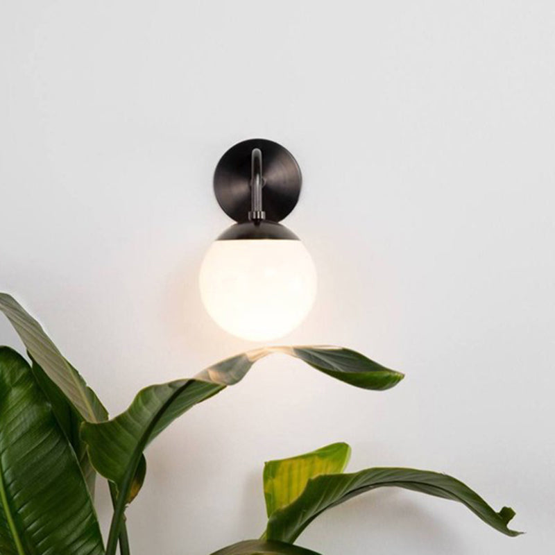 1 Bulb Bedside Sconce Light Minimalist Golden/Black Wall Lamp with Milky Glass Ball Shade