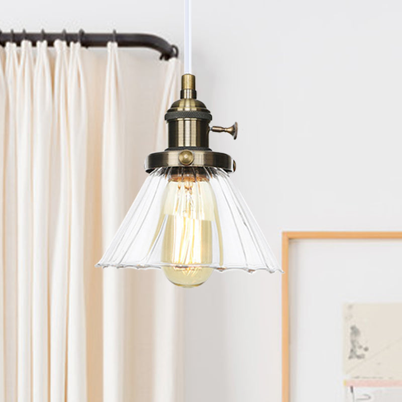 Industrial Style Conic Hanging Lamp Amber/Clear Glass 1 Light Coffee Shop Height Adjustable Pendant Lighting in Black/Bronze/Brass