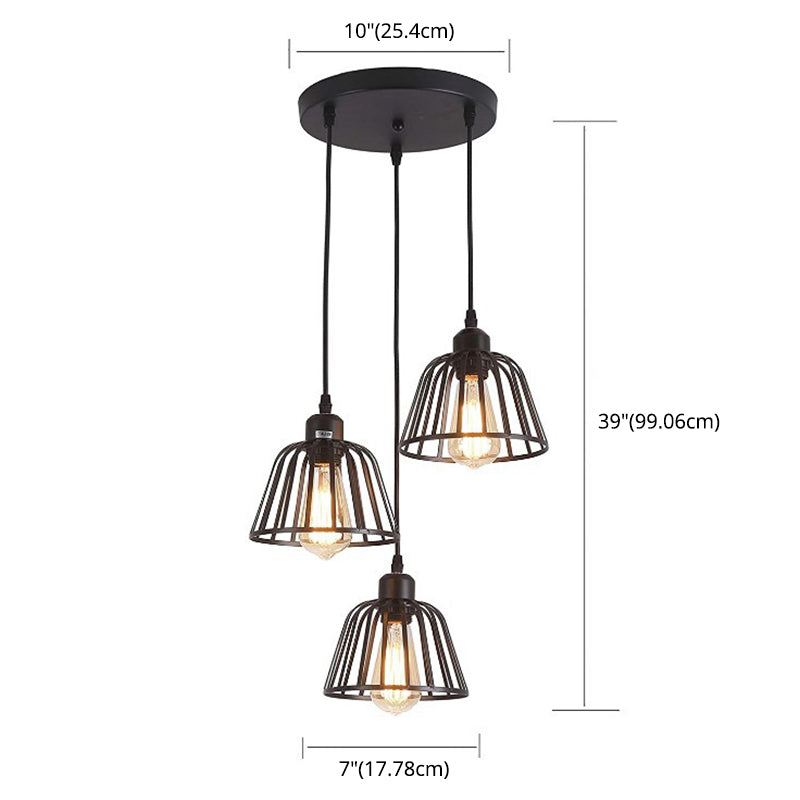 Black Metal Pendant Light Indsutrial Retro Bowl Wire Cage Hanging Lamp for Restaurant