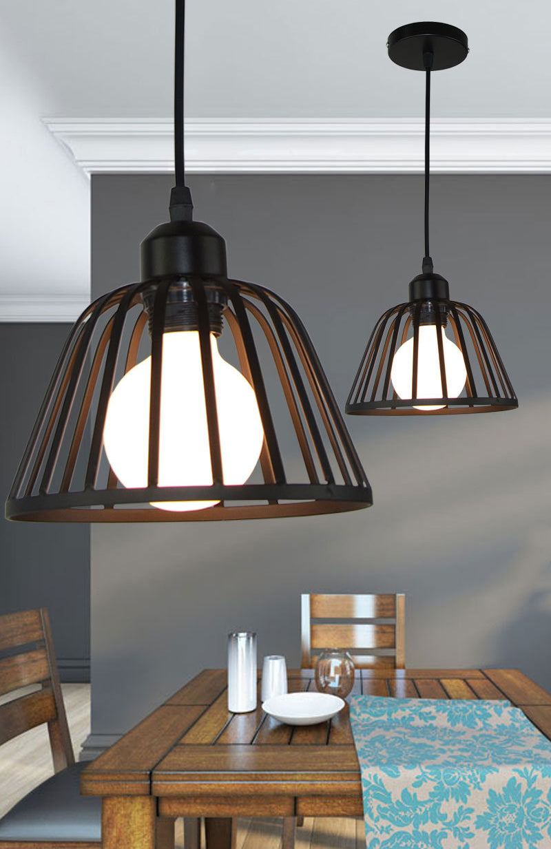 Black Metal Pendant Light Indsutrial Retro Bowl Wire Cage Hanging Lamp for Restaurant