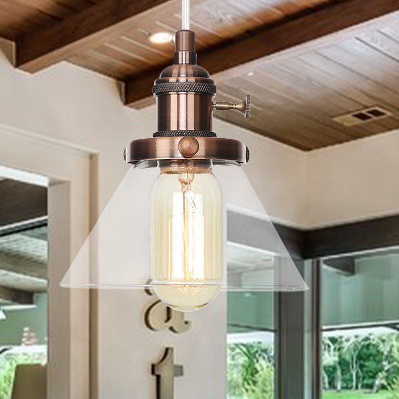 Conical Hanging Light Fixture Vintage Style Amber/Clear Glass and Metal 1 Head Kitchen Pendant Lamp in Black/Bronze/Brass