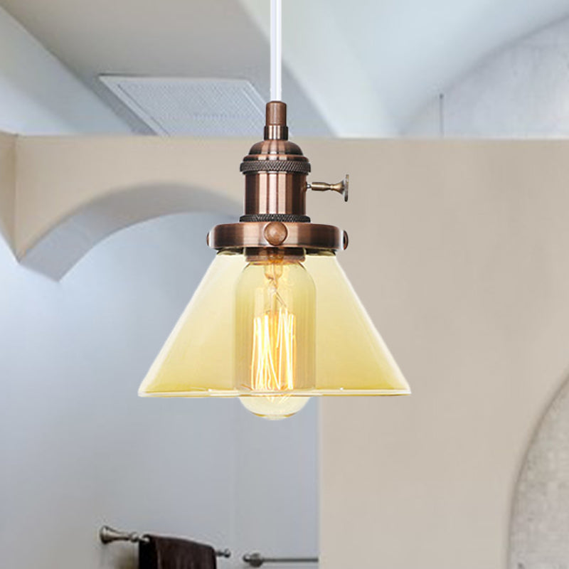 Conical Hanging Light Fixture Vintage Style Amber/Clear Glass and Metal 1 Head Kitchen Pendant Lamp in Black/Bronze/Brass