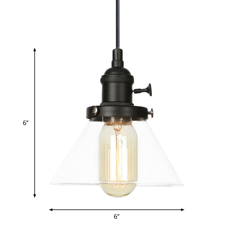 Conical Hanging Light Fixture Vintage Style Amber/Clear Glass and Metal 1 Head Kitchen Pendant Lamp in Black/Bronze/Brass