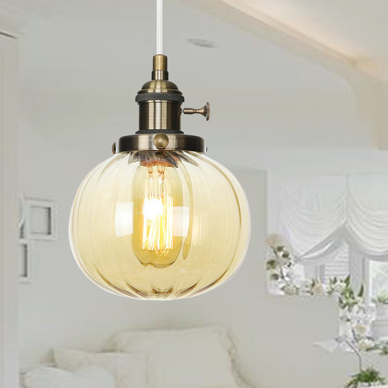 Global Pendant Light Fixture Vintage Style Amber/Clear Ridged Glass 1 Light Living Room Adjustable Ceiling Light in Black/Bronze/Brass