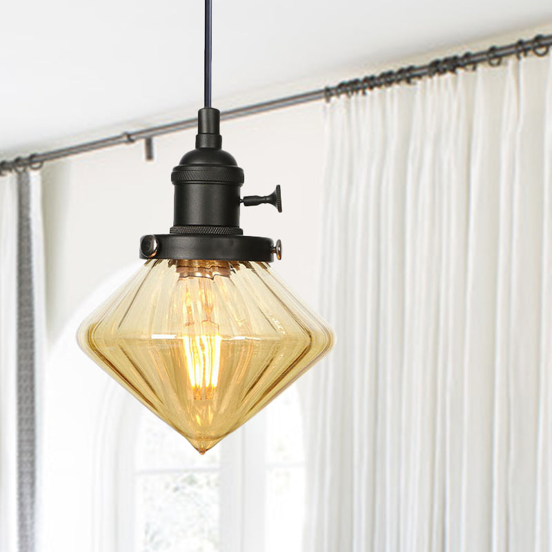 1 Light Indoor Hanging Light Industrial Height Adjustable Black/Bronze/Brass Pendant Lighting with Diamond Amber/Clear Glass Shade