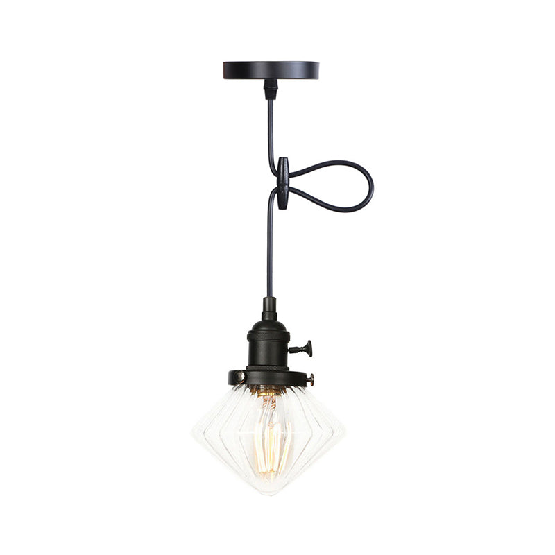 1 Light Indoor Hanging Light Industrial Height Adjustable Black/Bronze/Brass Pendant Lighting with Diamond Amber/Clear Glass Shade