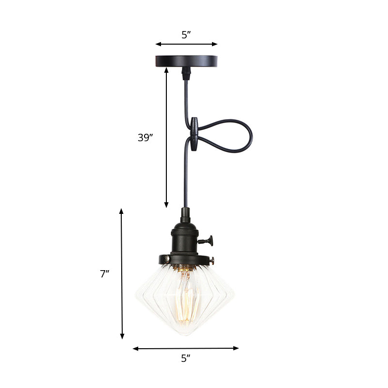 1 Light Indoor Hanging Light Industrial Height Adjustable Black/Bronze/Brass Pendant Lighting with Diamond Amber/Clear Glass Shade