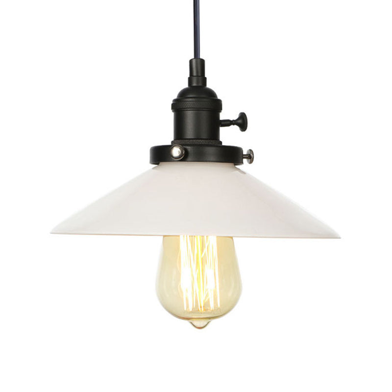 Conic Restaurant Hanging Lighting White Glass 1 Head Vintage Style Height Adjustable Pendant Lamp in Black/Bronze/Brass