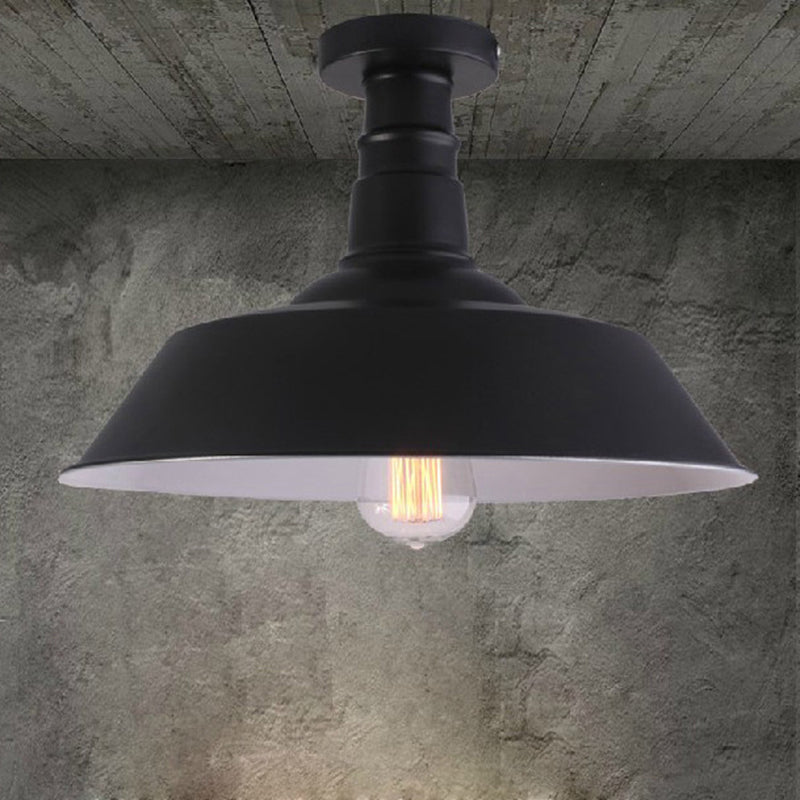 Barn Shaped Metal Semi Flush Light Industrial 1-Bulb Dining Room Ceiling Light in Black