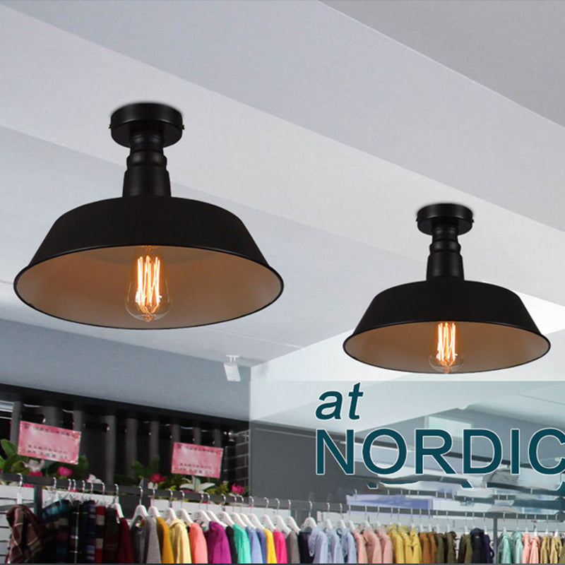 Barn Shaped Metal Semi Flush Light Industrial 1-Bulb Dining Room Ceiling Light in Black