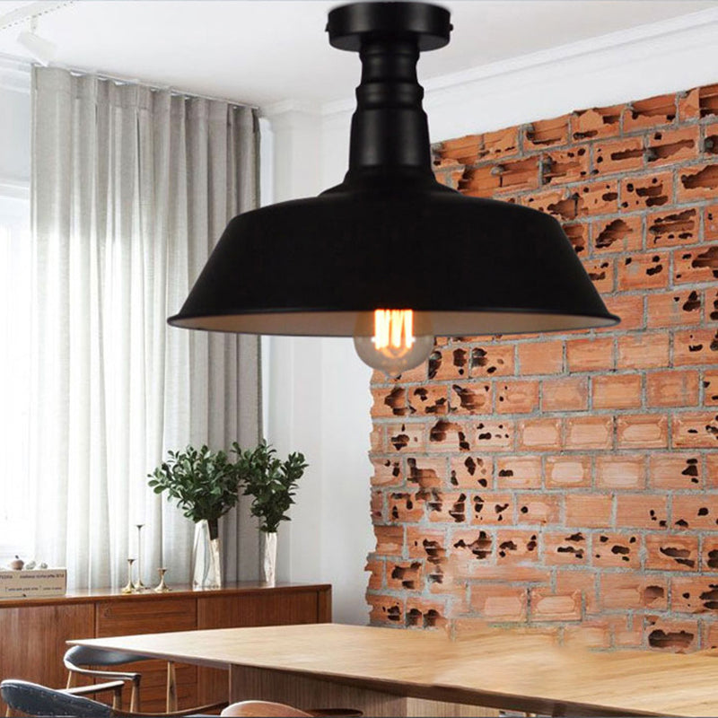 Barn Shaped Metal Semi Flush Light Industrial 1-Bulb Dining Room Ceiling Light in Black