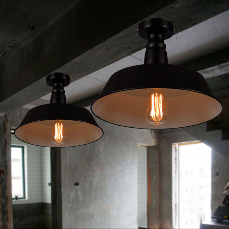 Barn Shaped Metal Semi Flush Light Industrial 1-Bulb Dining Room Ceiling Light in Black