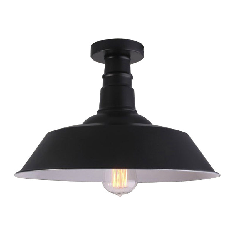 Barn Shaped Metal Semi Flush Light Industrial 1-Bulb Dining Room Ceiling Light in Black