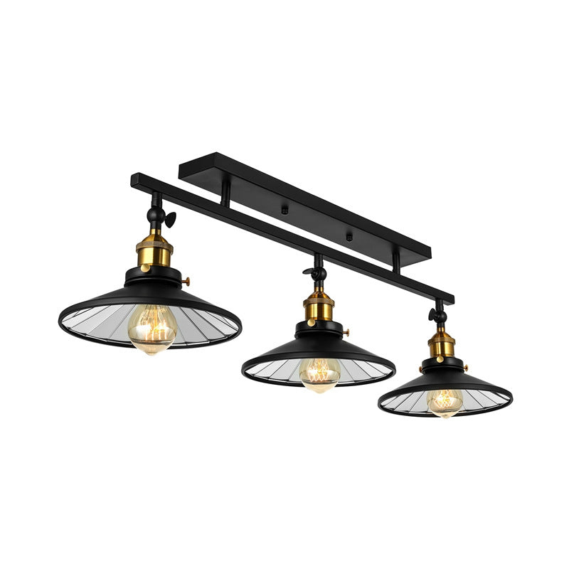 Conical Dining Room Semi Flush Chandelier Industrial Metal 3-Head Black Ceiling Flush Light