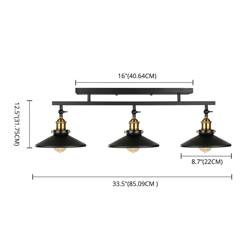 Conical Dining Room Semi Flush Chandelier Industrial Metal 3-Head Black Ceiling Flush Light