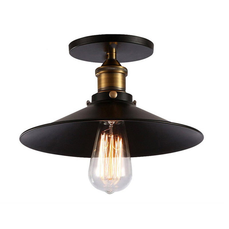 1-Bulb Saucer Shaped Semi Flush Mount Industrial Black Finish Metal Ceiling Lighting