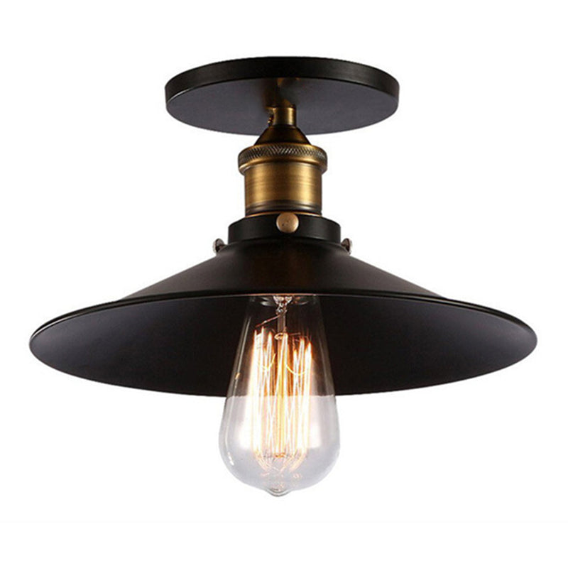 1-Bulb Saucer Shaped Semi Flush Mount Industrial Black Finish Metal Ceiling Lighting