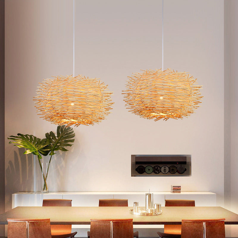 Asia Style Bird Nest Hanging Light Fixture Wood Dinning Room Pendant Lighting Fixture