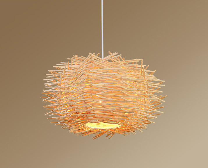 Asia Style Bird Nest Hanging Light Fixture Wood Dinning Room Pendant Lighting Fixture