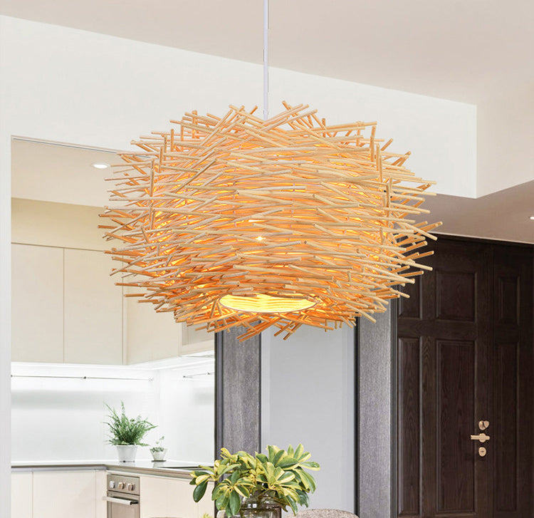 Asia Style Bird Nest Hanging Light Fixture Wood Dinning Room Pendant Lighting Fixture