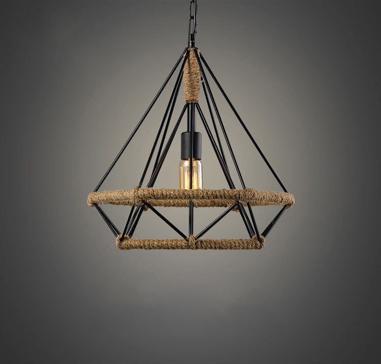 Rope Diamond Pendant Light Fixture Industrial Restaurant Pendant Light Kit in Beige