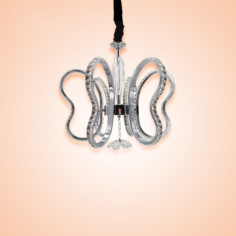 Crystal Butterfly Suspended Lighting Fixture Modern LED Ceiling Hung Fixture in Chrome