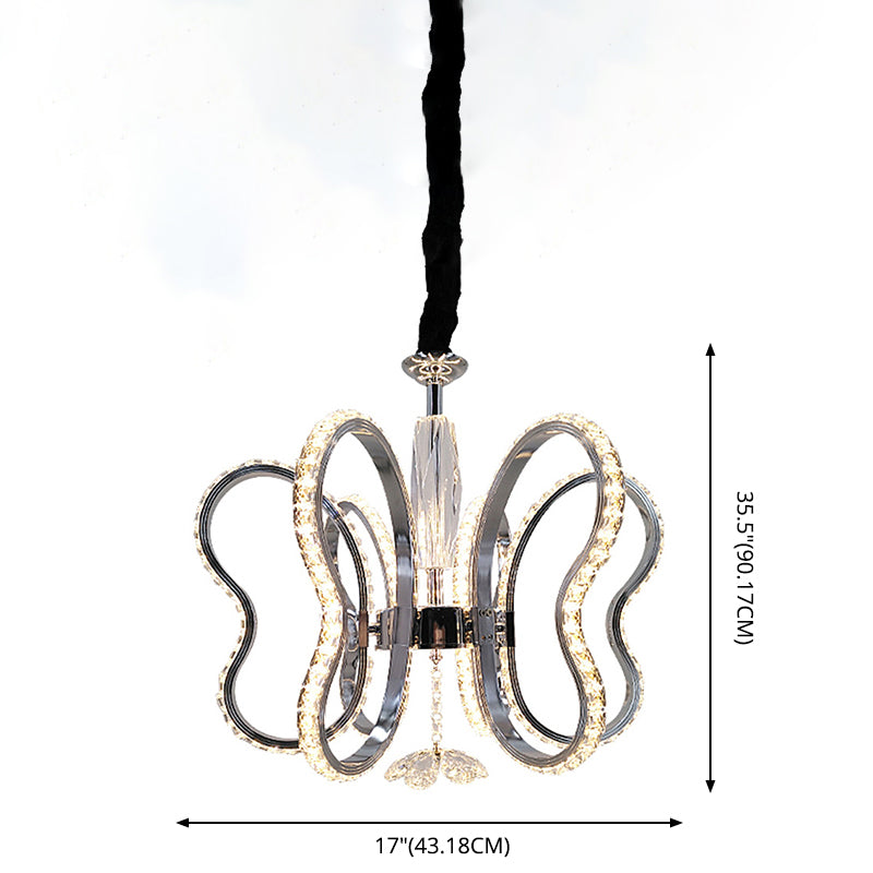 Crystal Butterfly Suspended Lighting Fixture Modern LED Ceiling Hung Fixture in Chrome