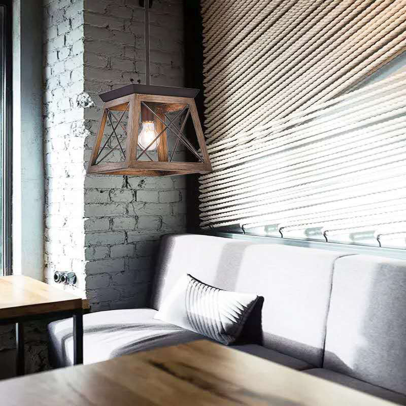 Dark Wood-grain Iron Wire Industrial Style Hanging Light Single Bulb Vintage Pendant Lamp for Coffee Shop