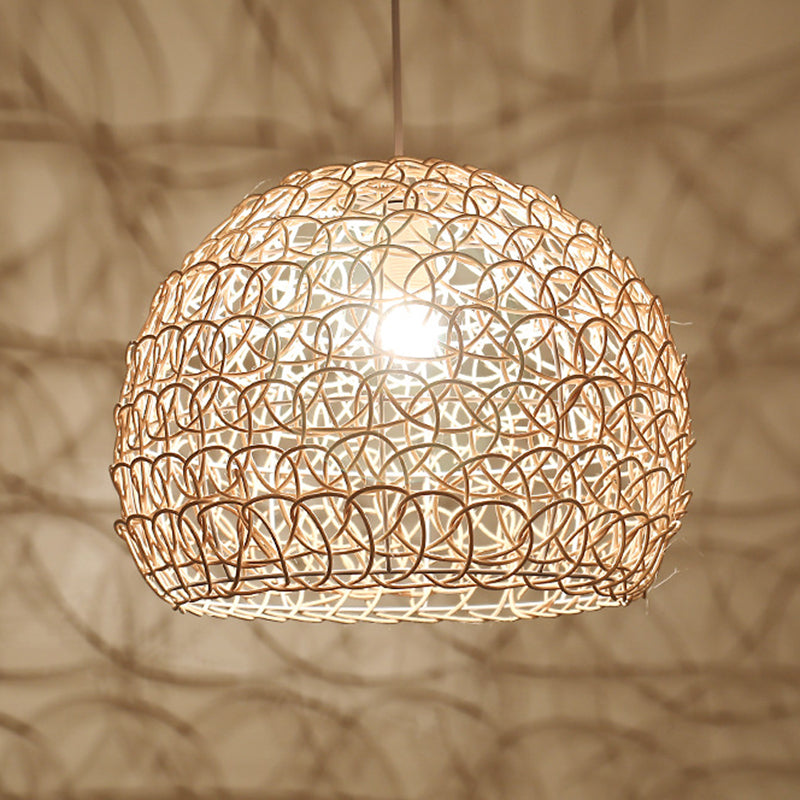 Double Rattan Shade Dome Hanging Light Asian Style Hand Weaving 1-Light Pendant with 39.3" Adjustable Wire