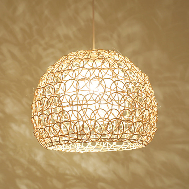 Double Rattan Shade Dome Hanging Light Asian Style Hand Weaving 1-Light Pendant with 39.3" Adjustable Wire