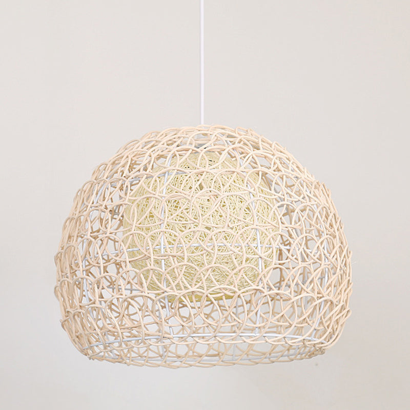 Double Rattan Shade Dome Hanging Light Asian Style Hand Weaving 1-Light Pendant with 39.3" Adjustable Wire