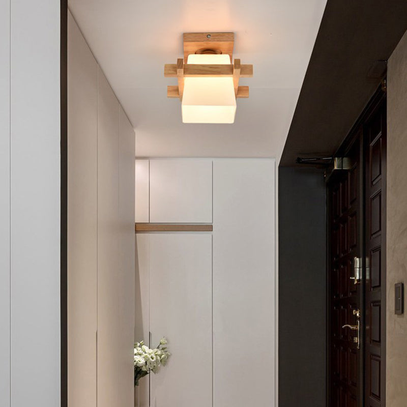 Beige 1 Light Ceiling Lighting Natural Wood Rectangle Semi Flush Mount Lighting for Home Office